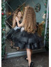 One Shoulder Black Satin Pearls Embellished Flower Girl Dress